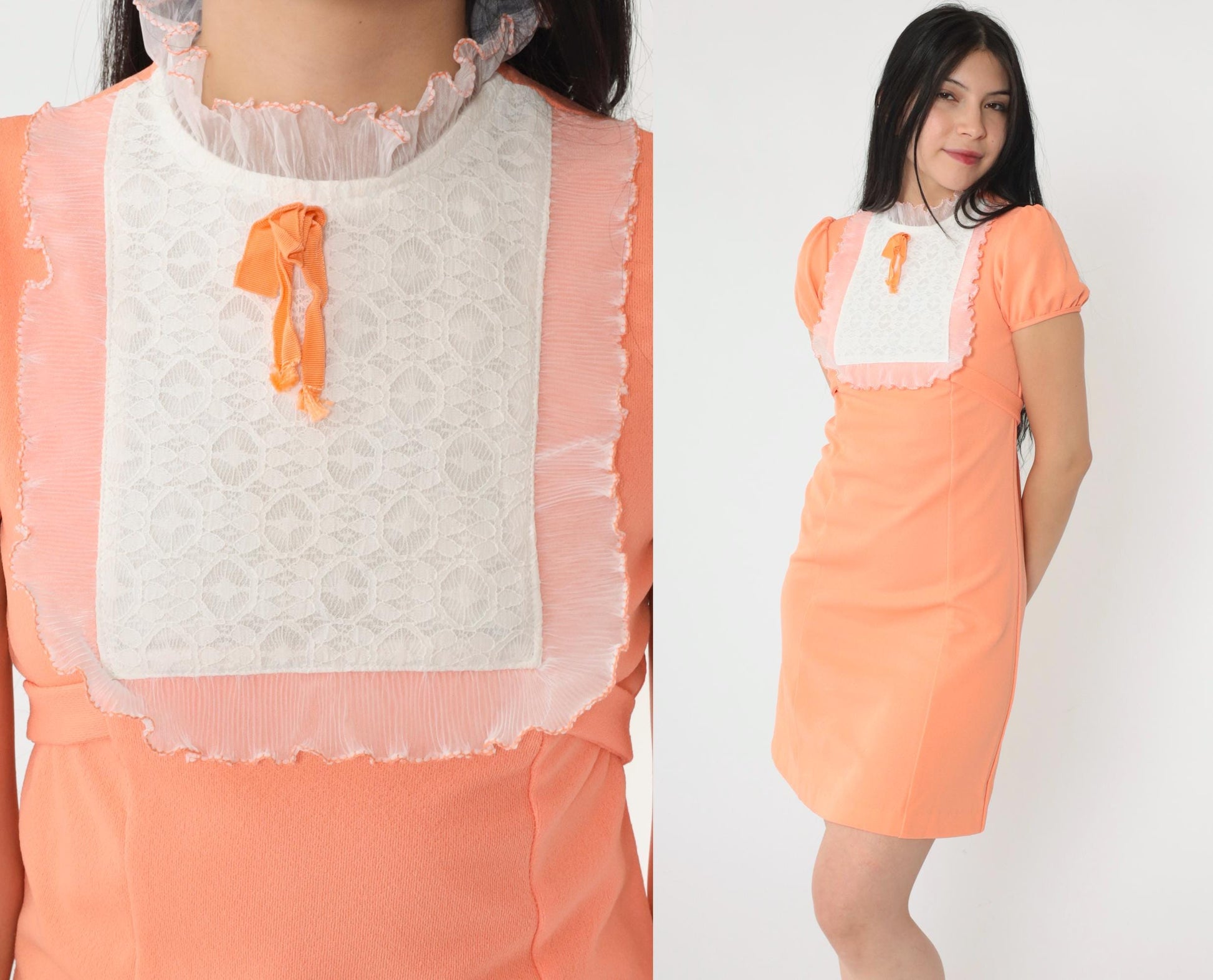 70s Orange Babydoll Mini Dress White Lace Bib Empire Waist Puff Sleeve XXS