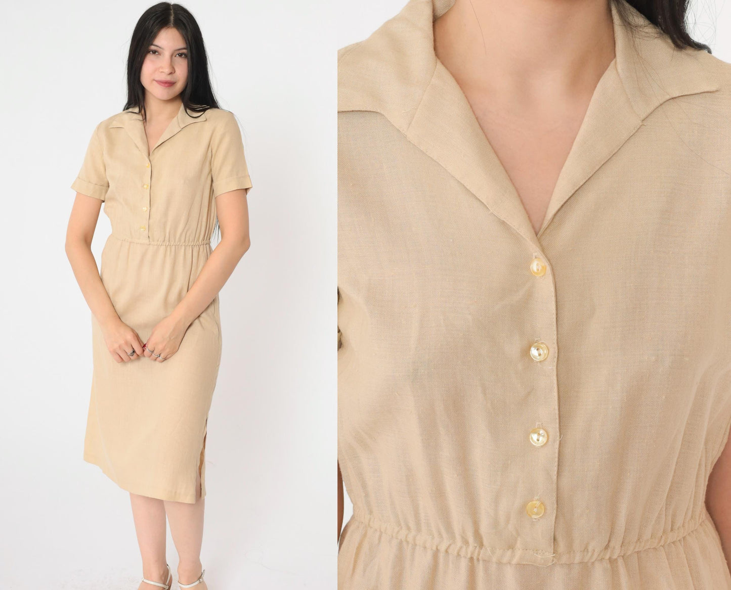 70s Tan Linen Shirtdress Button-Up Midi High-Waisted Short Sleeve Extra Small