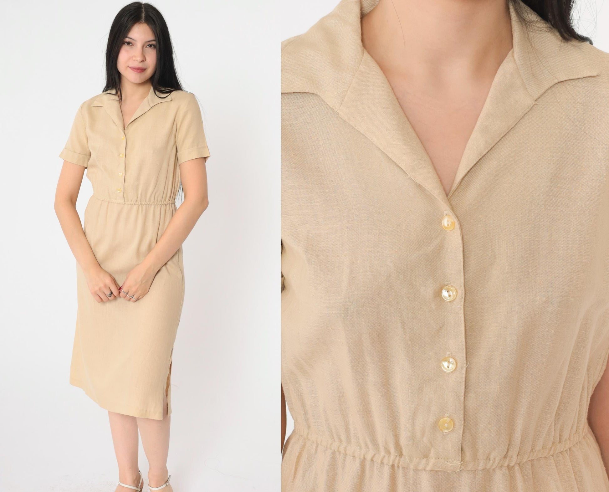 70s Tan Linen Shirtdress Button-Up Midi High-Waisted Short Sleeve Extra Small