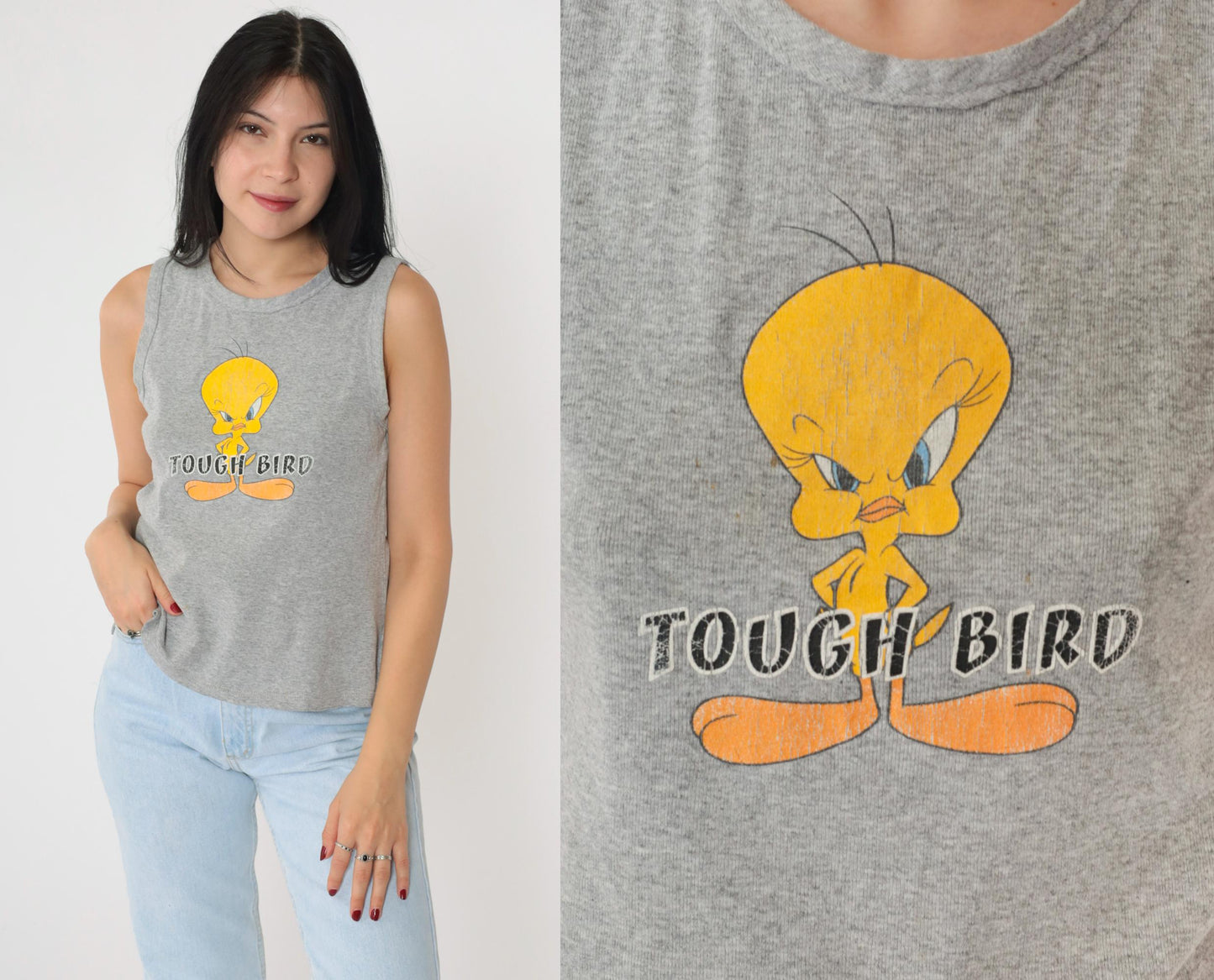 90s Tweety Bird Tough Bird Tank Top Warner Bros Grey Graphic Small