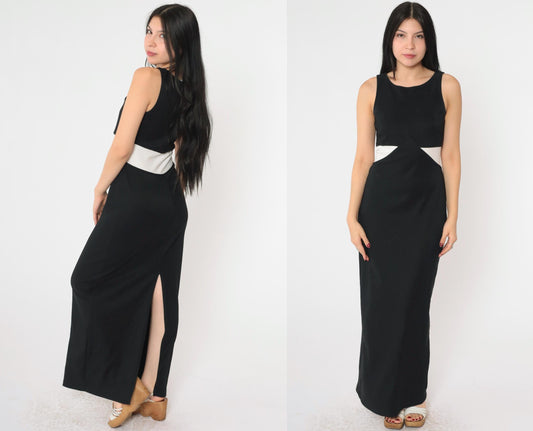 90s All That Jazz Black Maxi Dress White Trim Sleeveless Slit Medium