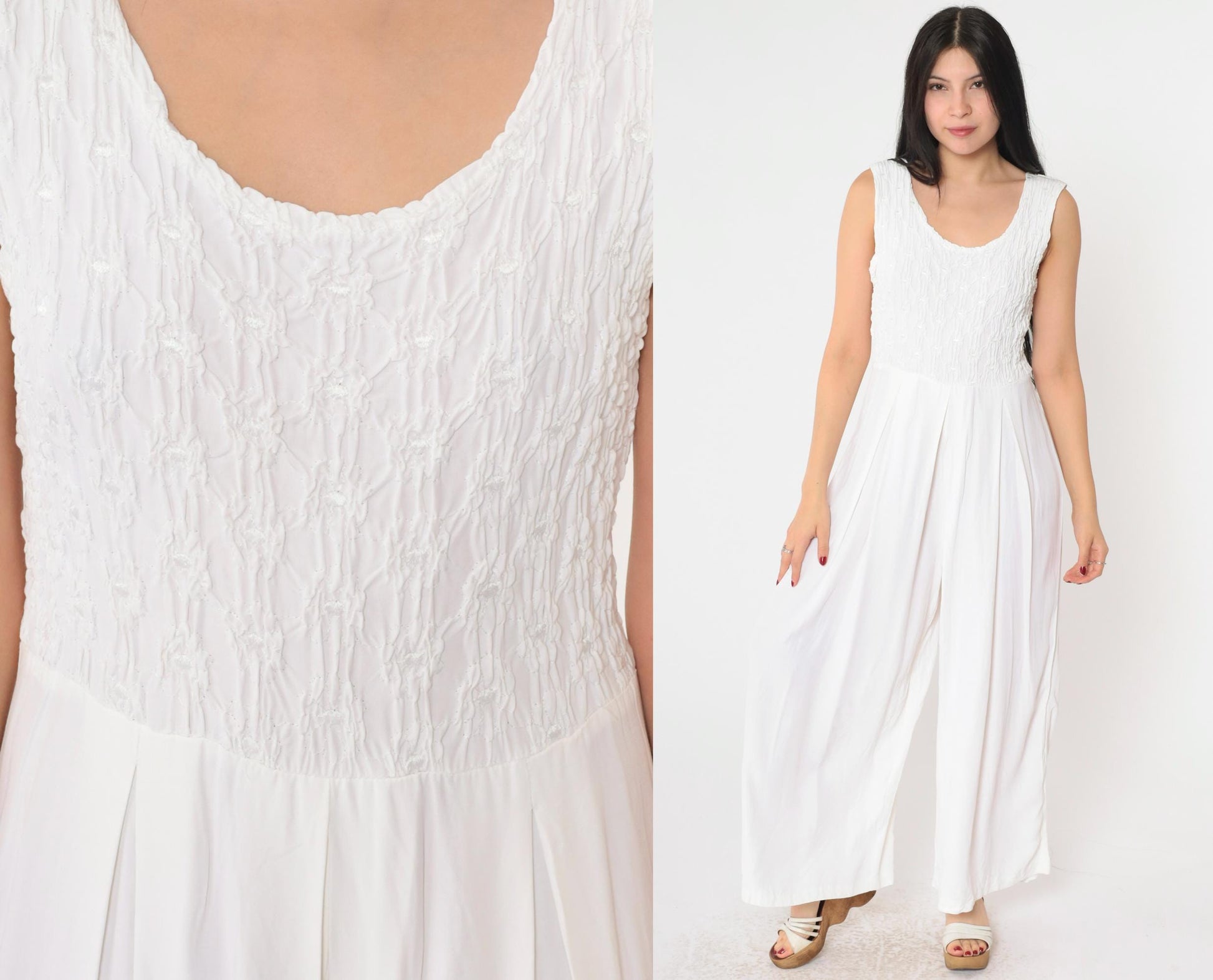 90s Express White Smocked Jumpsuit Sleeveless Wide Leg Scoop Neck Small