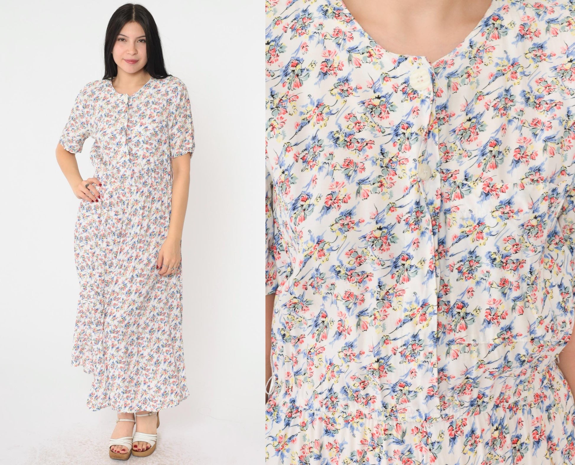 90s White Floral Print Button-Up Shirtdress Maxi Ankle Length Small