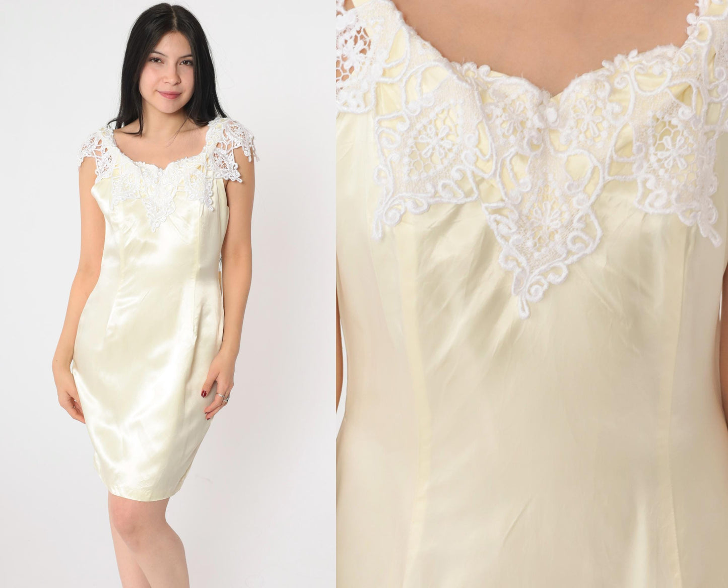 90s Cream Satin Lace Shift Dress Mini Sleeveless Small S