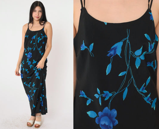 90s Jodi Michaels Floral Maxi Dress Black Spaghetti Strap Criss-Cross Medium