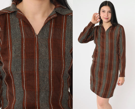 70s Striped Shift Dress Mini V-Neck Long Sleeve Grey Brown Orange Extra Small