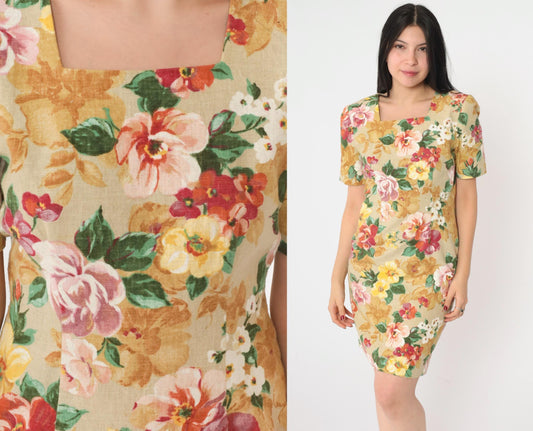 90s Petite Sophisticate Floral Mini Dress Tan Sheath Square Neck Extra Small