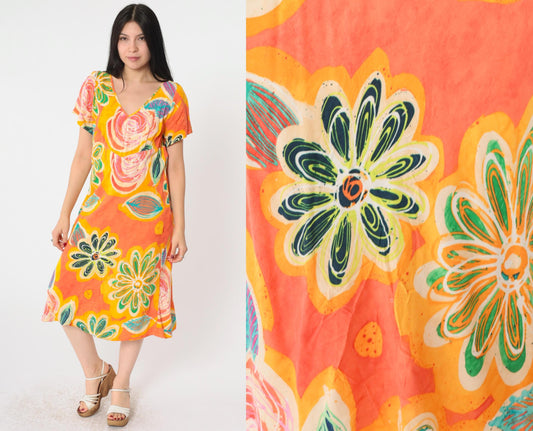 00s Jams World Tropical Floral Midi Dress Abstract Print Silk Orange Large L
