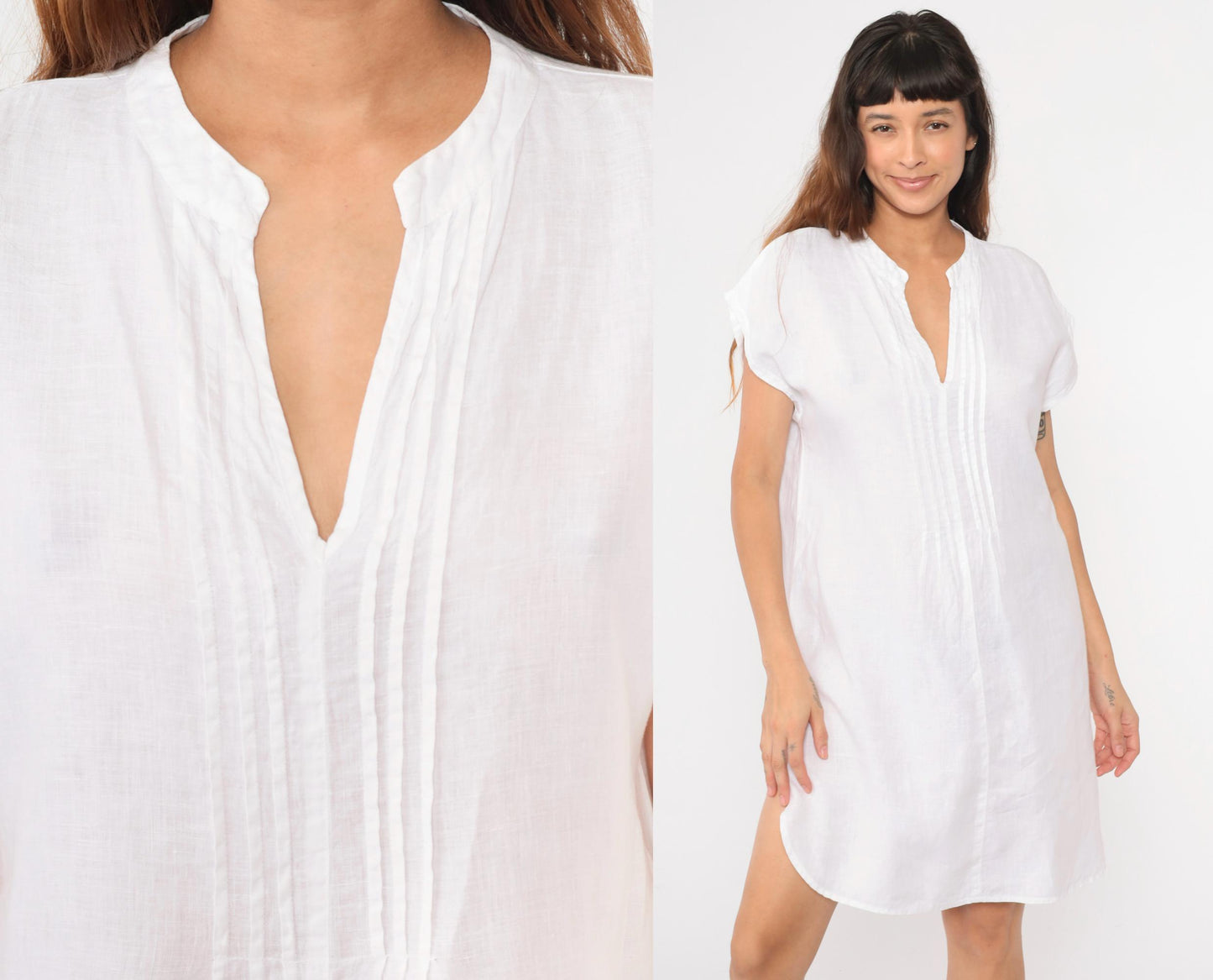 Y2K White Linen Midi Dress Pintuck Pleated Cap Sleeve Shift Large L