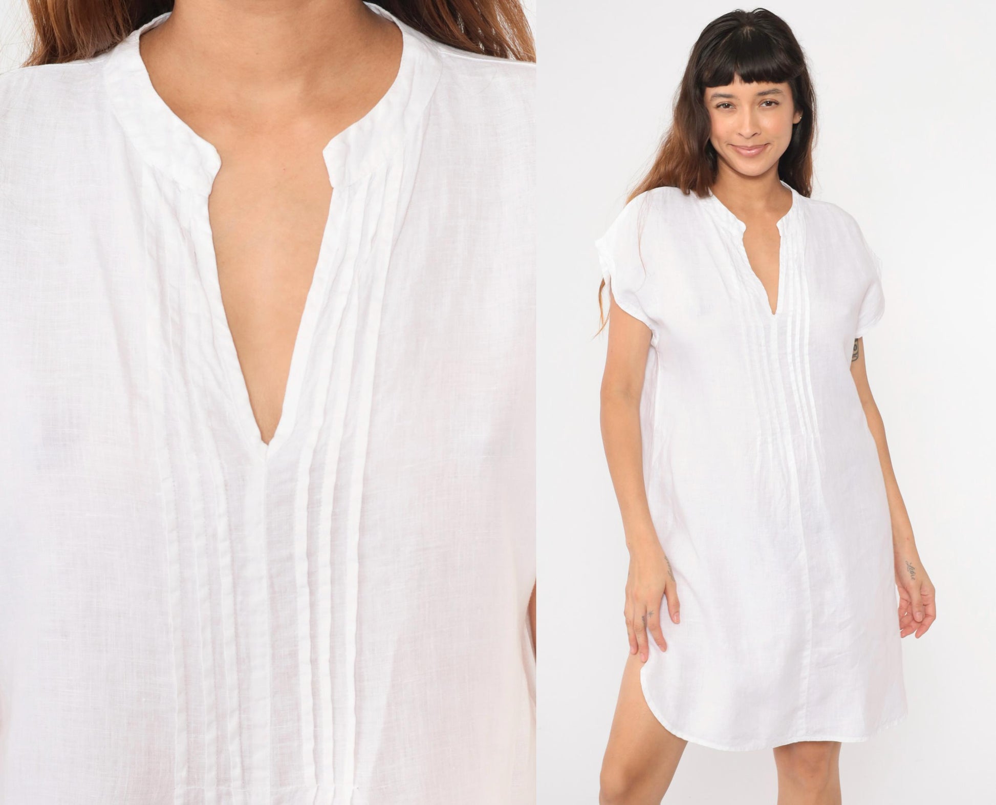 Y2K White Linen Midi Dress Pintuck Pleated Cap Sleeve Shift Large L