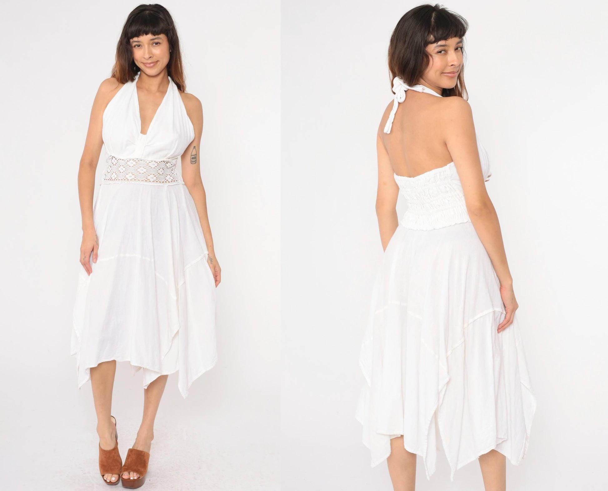 80s White Cotton Halter Midi Dress Crochet Waist Hanky Hem Medium Large