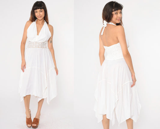 80s White Cotton Halter Midi Dress Crochet Waist Hanky Hem Medium Large