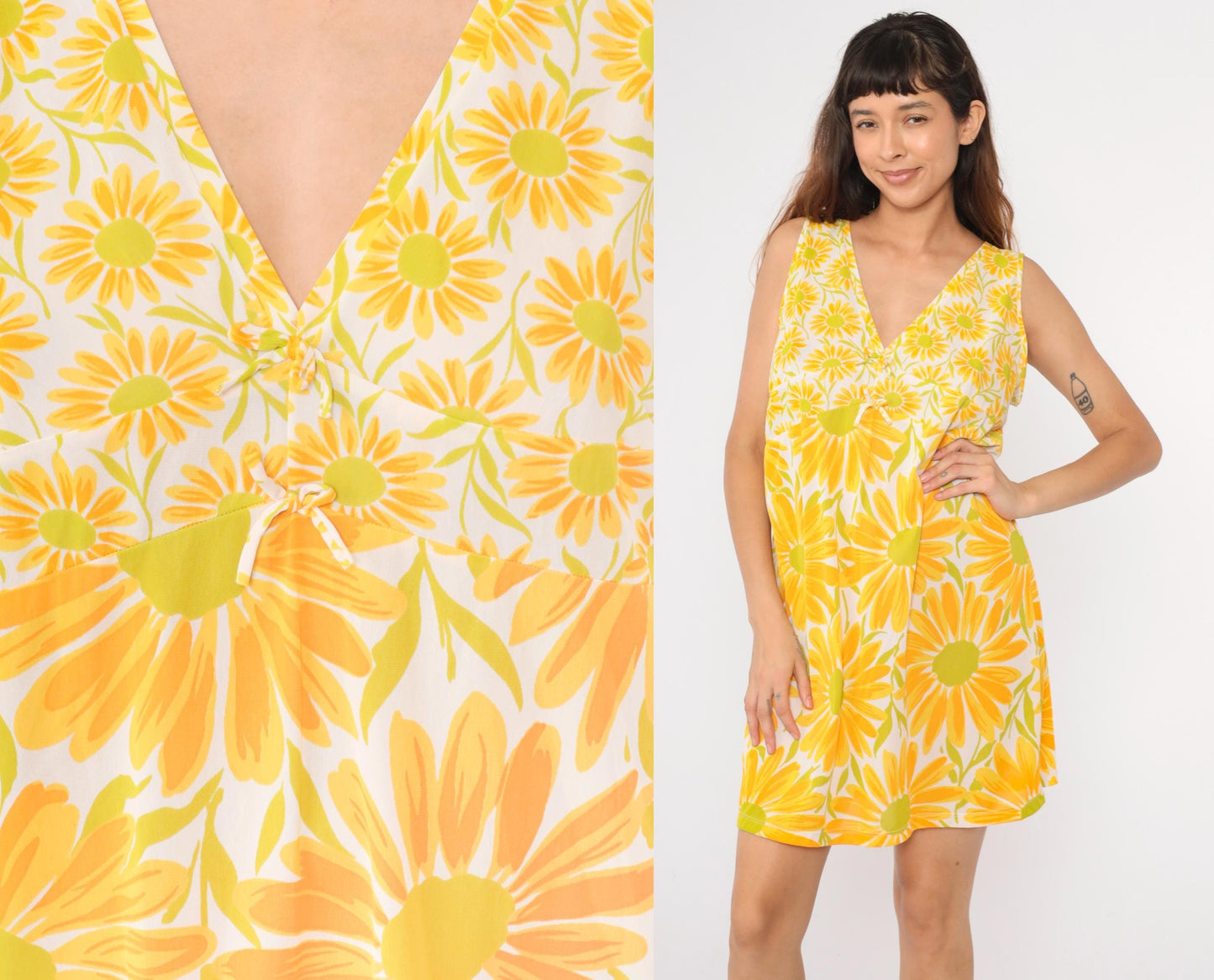 70s Yellow Floral White Slip Dress Nightgown Empire Waist Mini Large