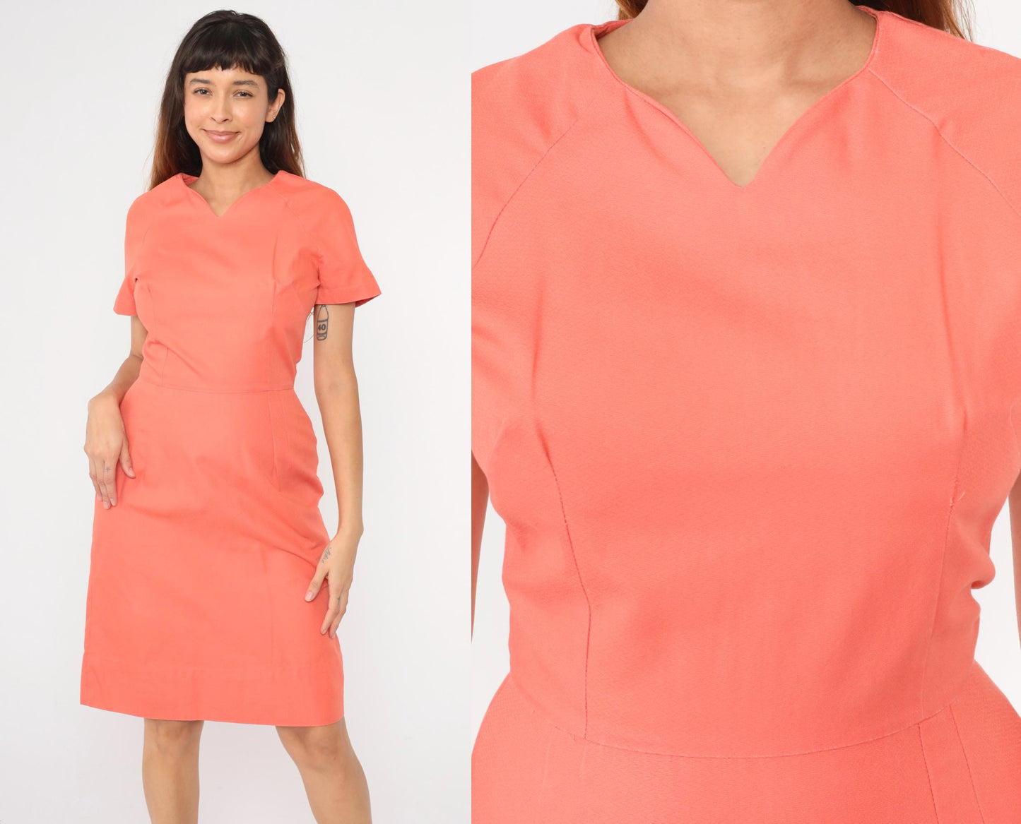 1960s Coral Pencil Dress V Neck High Waist Short Sleeve Small