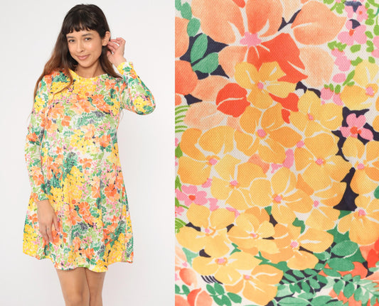 70s Floral Mini Dress Shift Cut Long Sleeve A-Line Yellow Green Orange Small