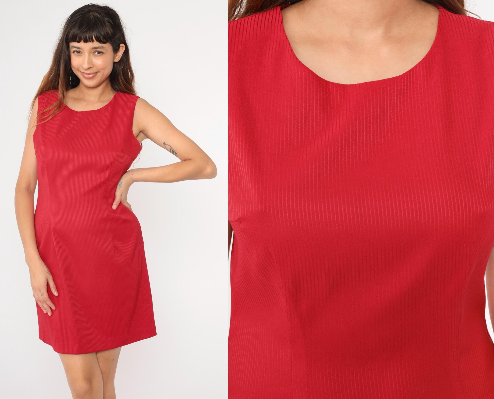 90s Red Striped Mini Sheath Dress Sleeveless Scoop Neck Medium