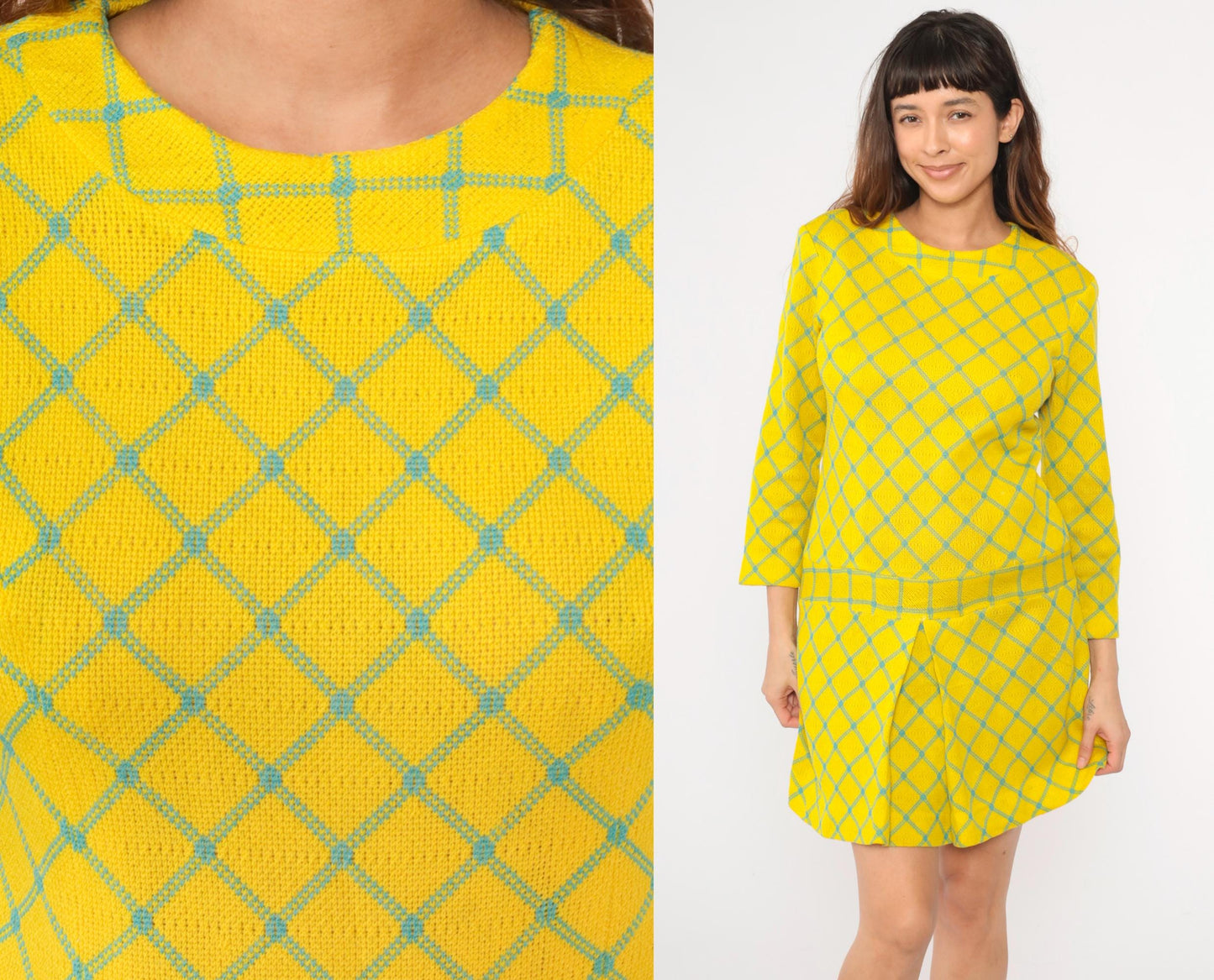 60s Yellow Checkered Drop Waist Mini Dress Long Sleeve Pleated Scooter Small