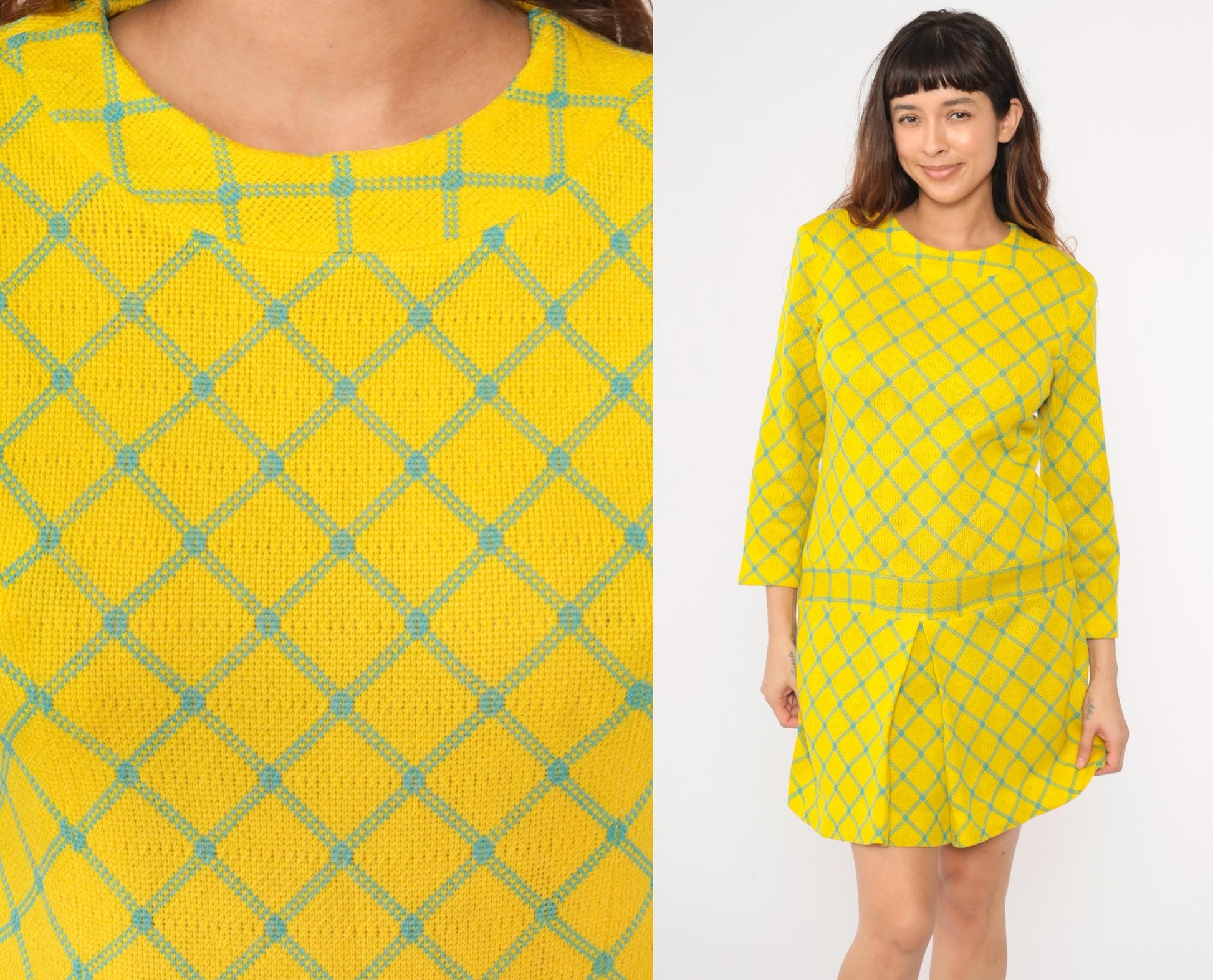 60s Yellow Checkered Drop Waist Mini Dress Long Sleeve Pleated Scooter Small