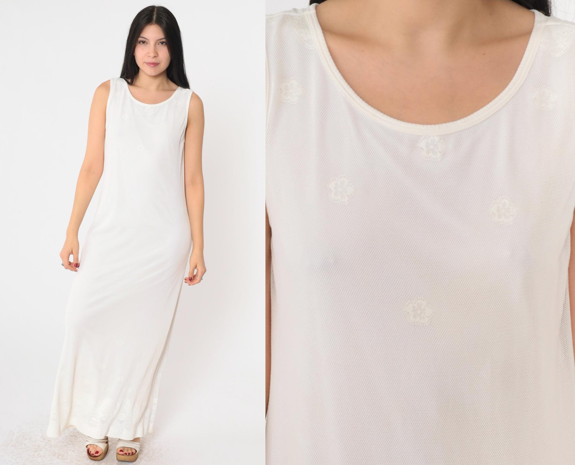 90s White Mesh Floral Lace Maxi Dress Sleeveless Scoop Neck Small