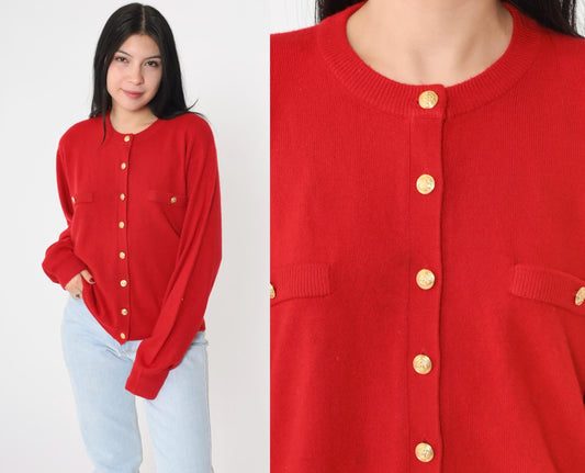 90s Red Cardigan Gold Buttons Acrylic Knit Sweater Large