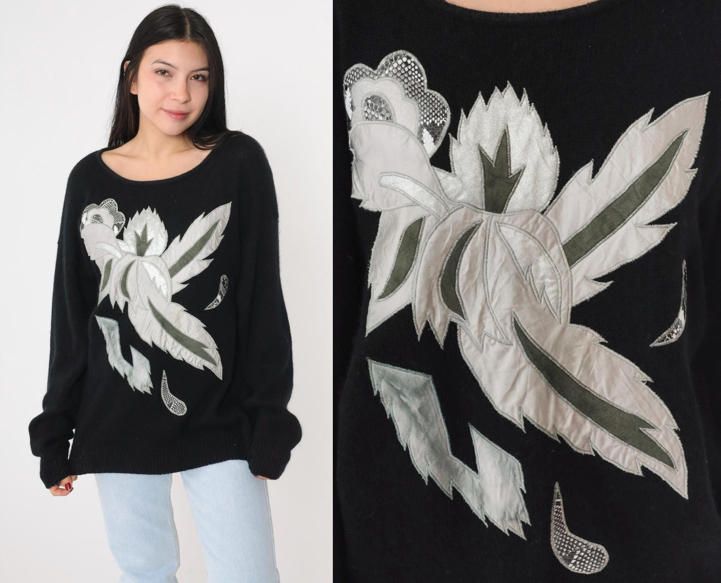 80s Karominz II Silk Angora Sweater Metallic Leaf Print Black Medium