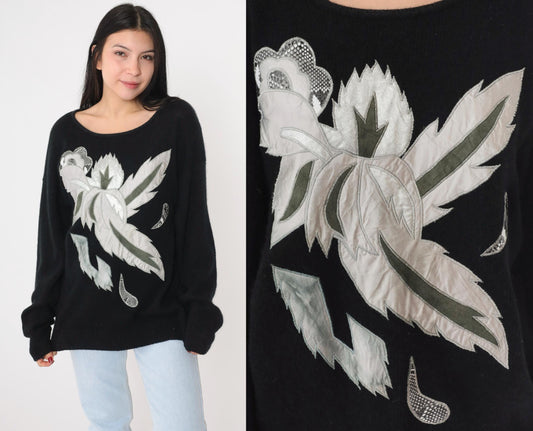 80s Karominz II Silk Angora Sweater Metallic Leaf Print Black Medium