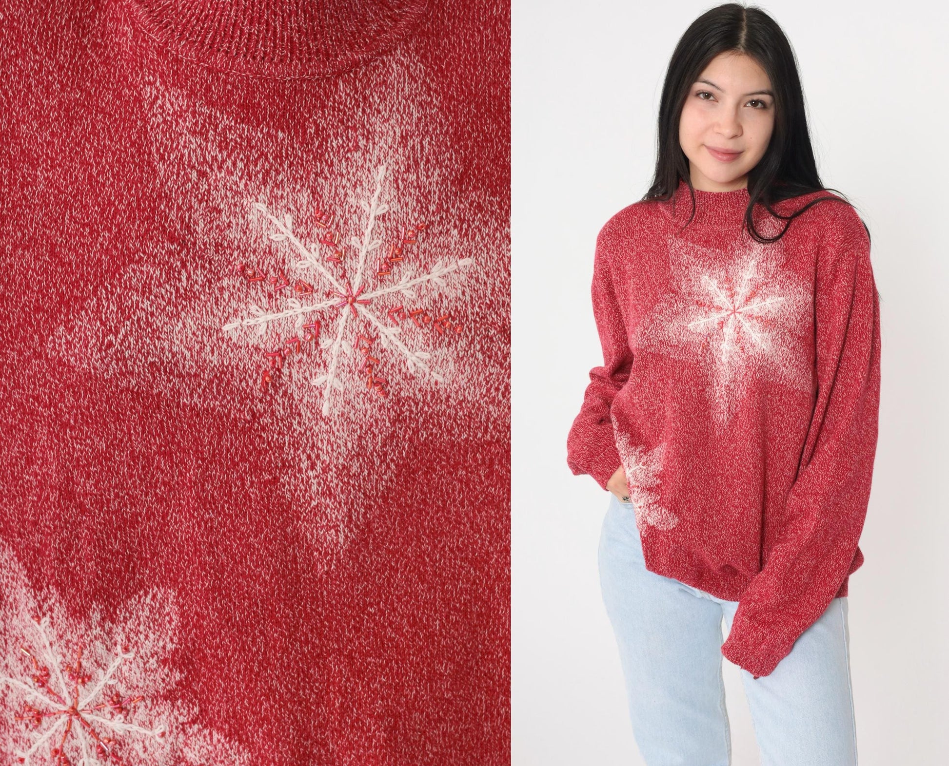 90s Red Beaded Snowflake Mock Neck Knit Sweater Pullover Large