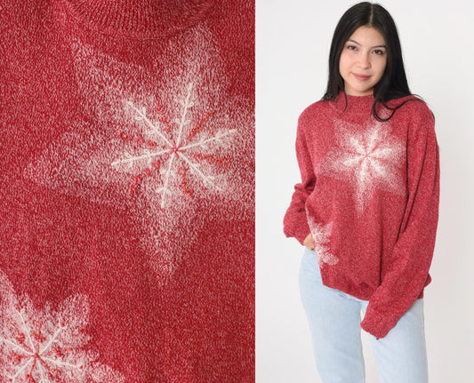 90s Red Beaded Snowflake Mock Neck Knit Sweater Pullover Large