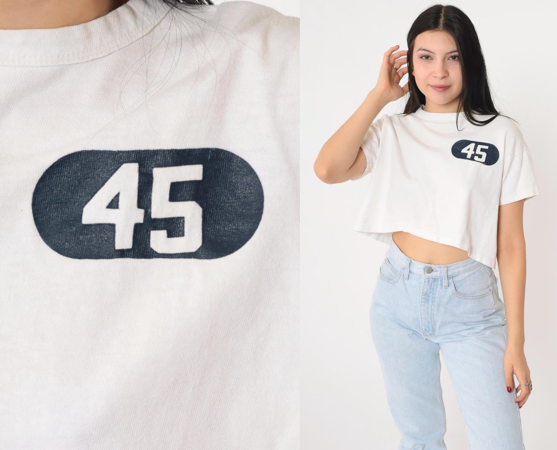 80s Champion Athletic Crop Top Number 45 White Cotton Medium