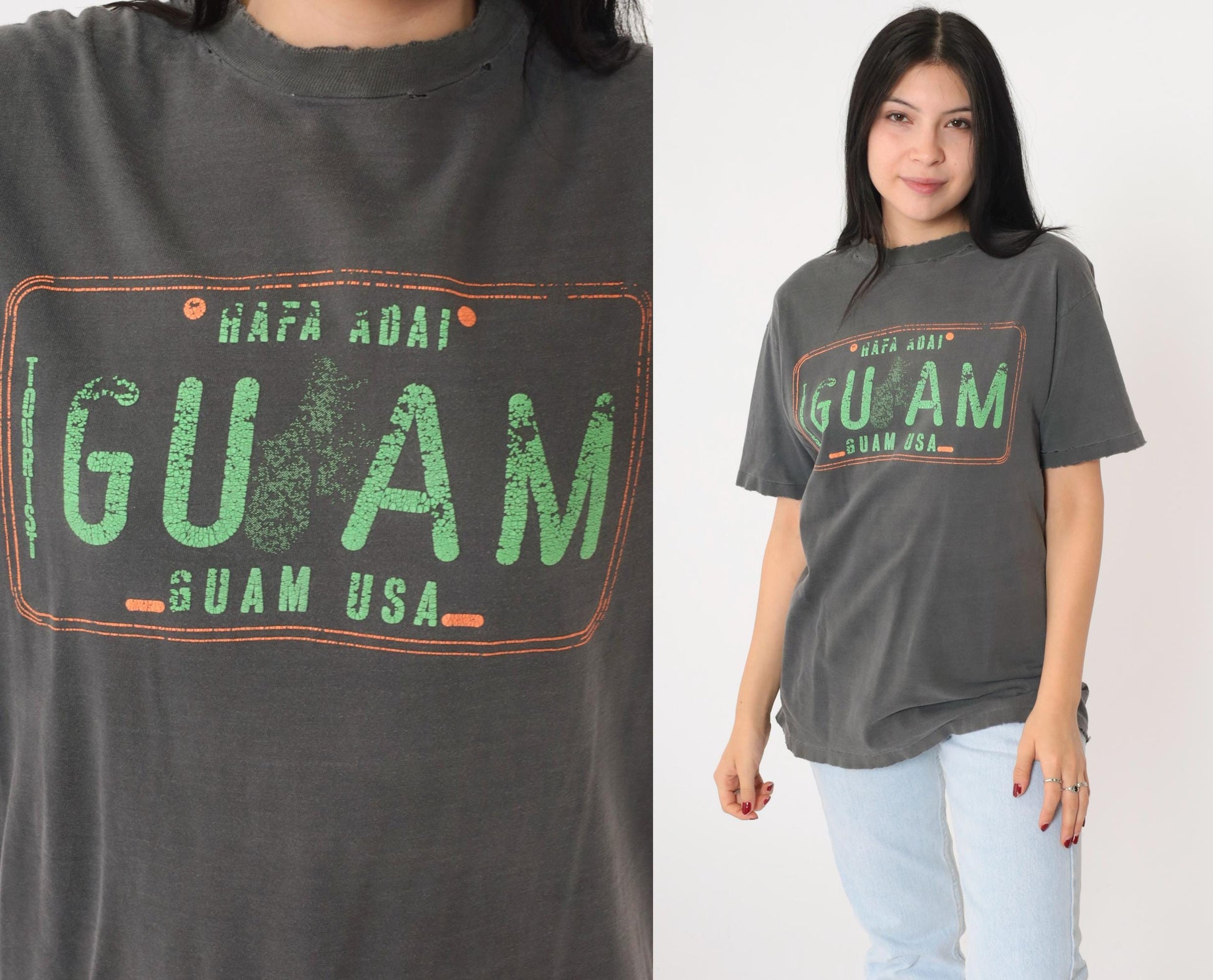 90s Guam Hafa Adai Graphic T-Shirt Distressed Charcoal Grey Medium