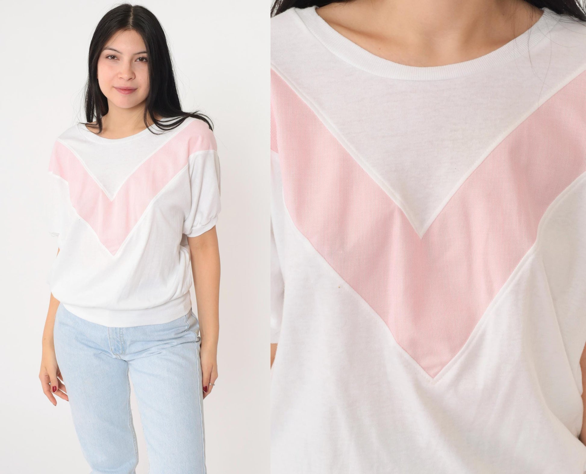 80s Land'n Sea Chevron Striped Dolman Sleeve Tee Pink White Small Medium