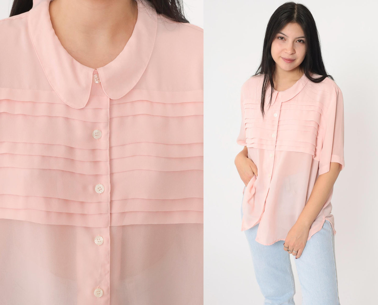 80s Chaus Baby Pink Chiffon Blouse Peter Pan Collar Pleated Short Sleeve Large