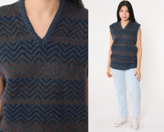 80s Robert Bruce Wool Blend Sweater Vest Zig Zag Stripe Blue V-Neck Medium