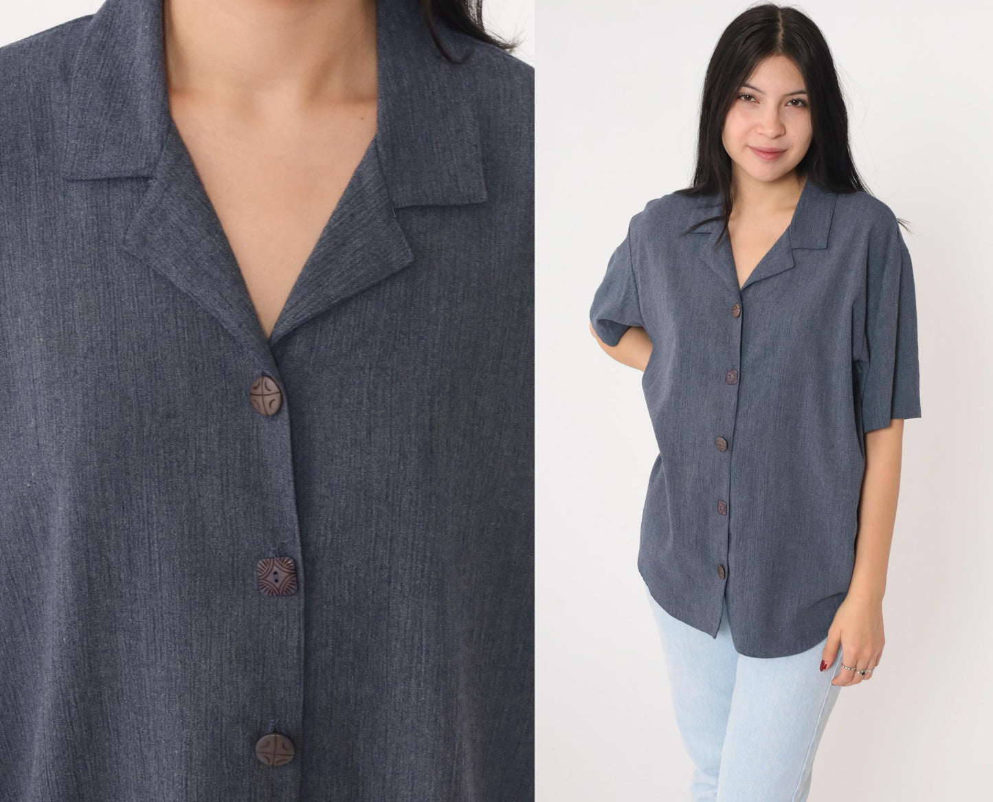 90s Teddi Blueish Grey Button-Up Blouse Short Sleeve Medium