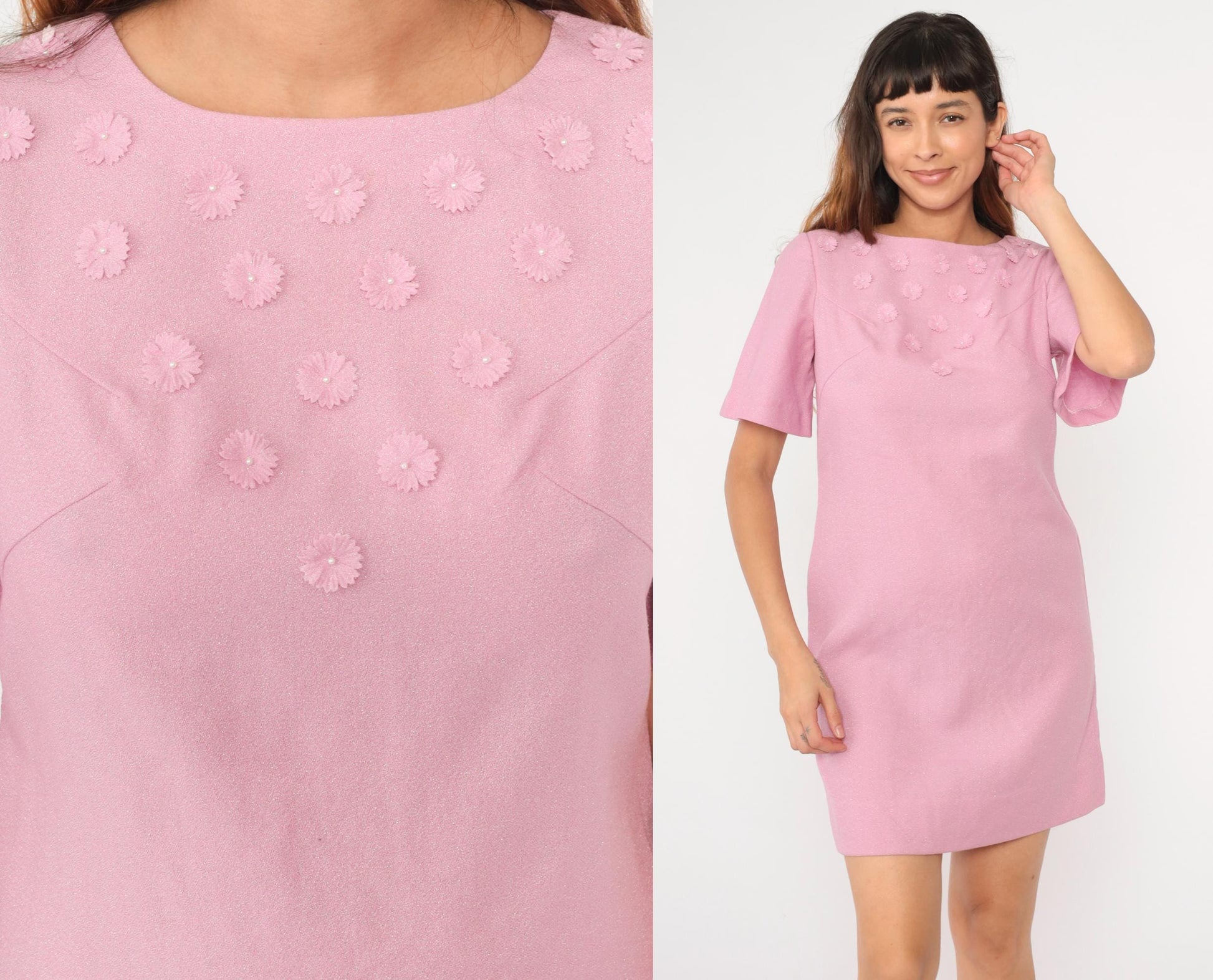 60s Metallic Pink Mini Dress Pearl Beaded Floral Shift Short Sleeve Medium