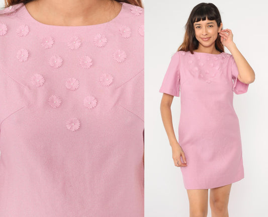 60s Metallic Pink Mini Dress Pearl Beaded Floral Shift Short Sleeve Medium