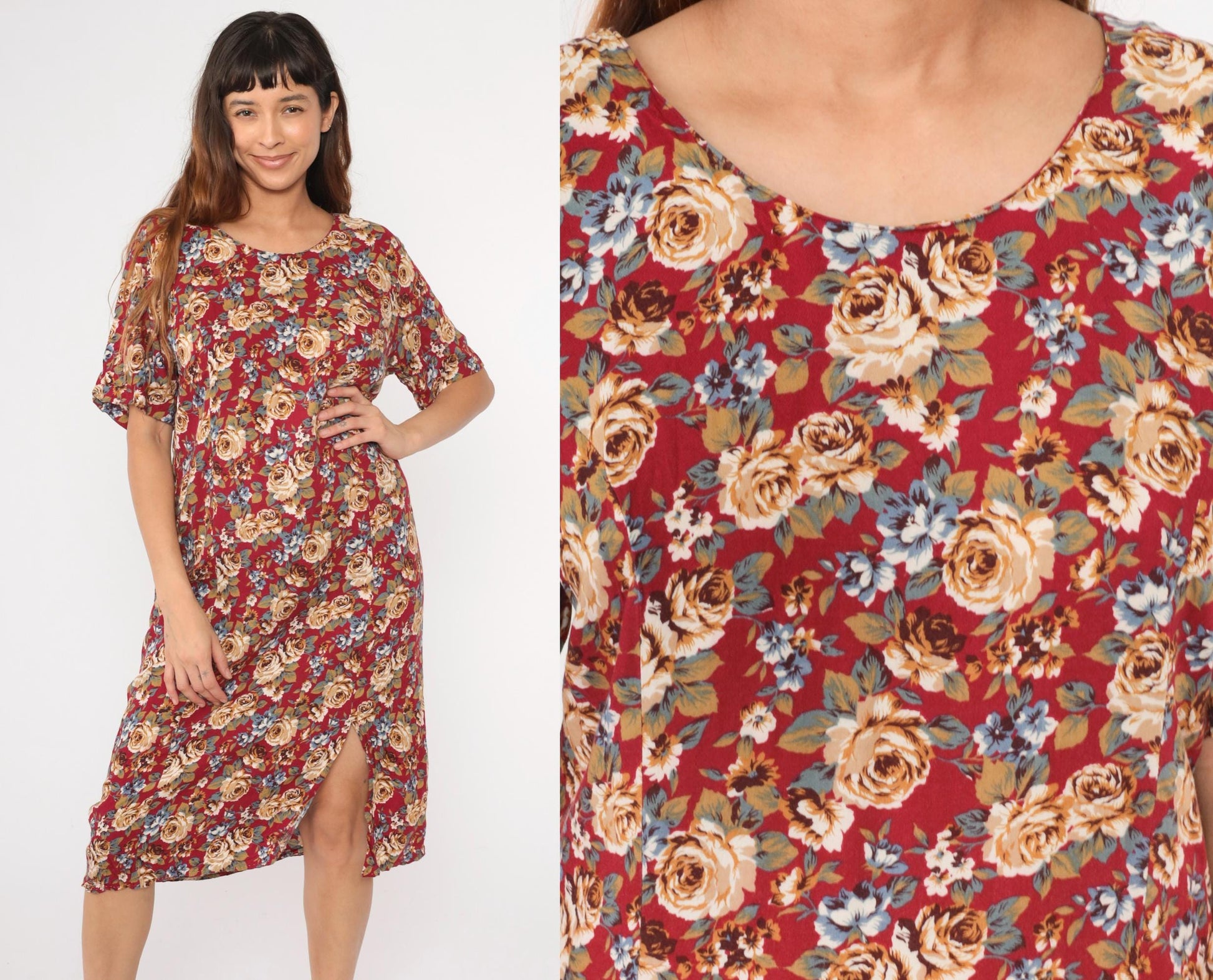 90s Red Floral Midi Dress Side Slit Sheath Princess Seam Medium Large