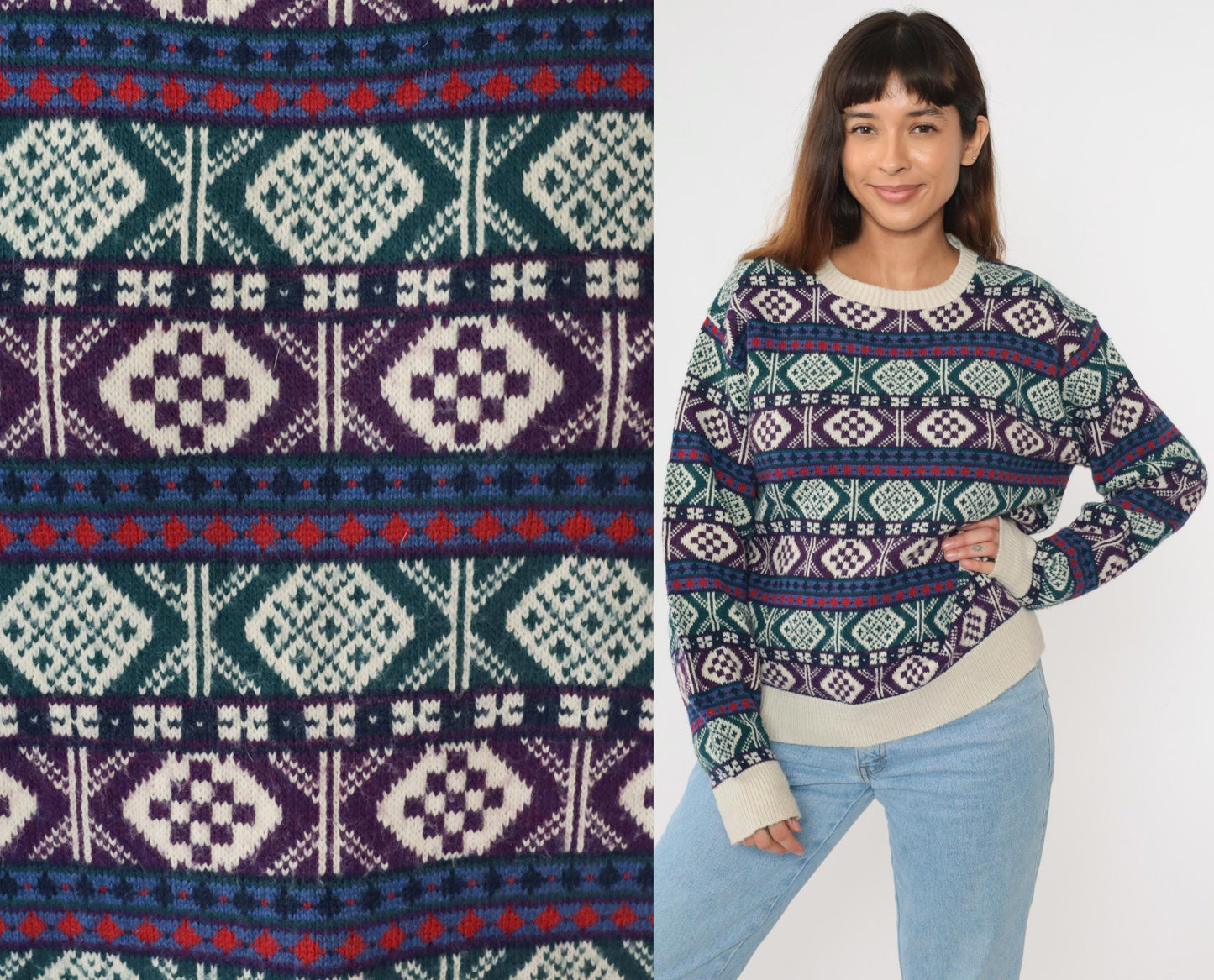 80s Nordic Geometric Fair Isle Sweater Green Purple Knit Pullover Large L