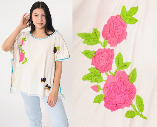 90s Floral Embroidered Blouse Cream Butterfly Tunic Scoop Neck Medium Large