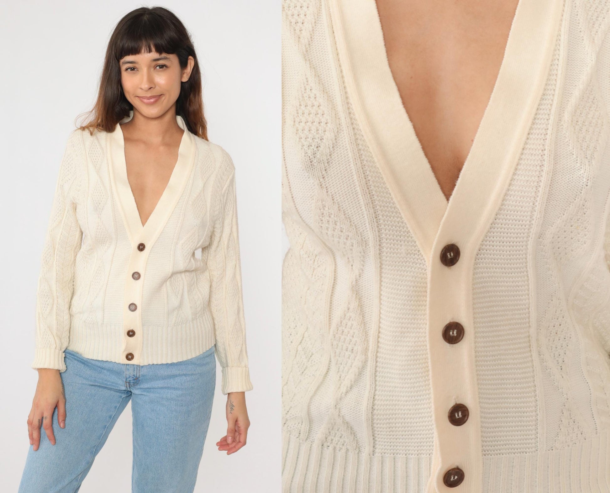 70s Fishers Castleton Cream Cardigan Diamond Knit V-Neck Button-Up Small