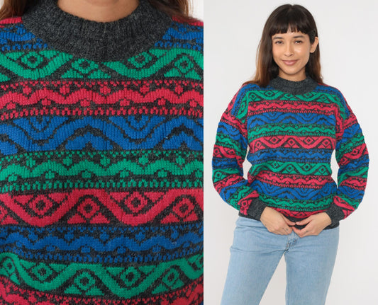 80s Nan Dorsey Geometric Striped Mock Neck Sweater Blue Green Red Medium