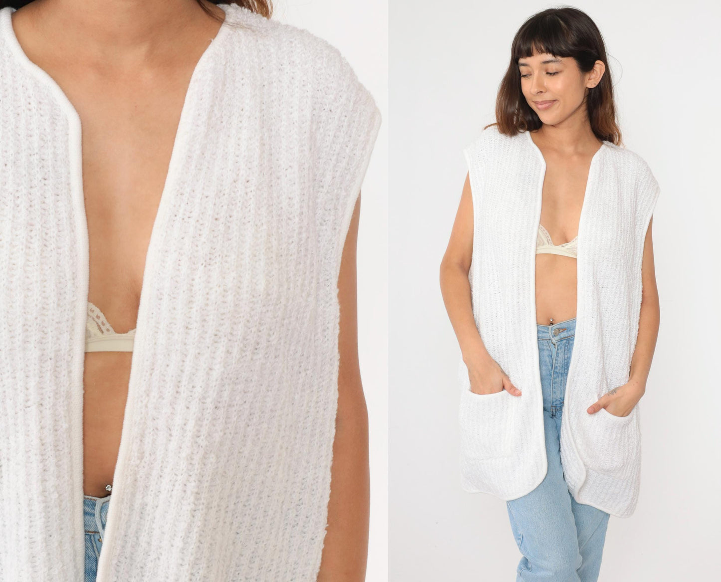 80s Sideffects Plus White Knit Vest Open Front Pockets Sleeveless Extra Extra Large XXL