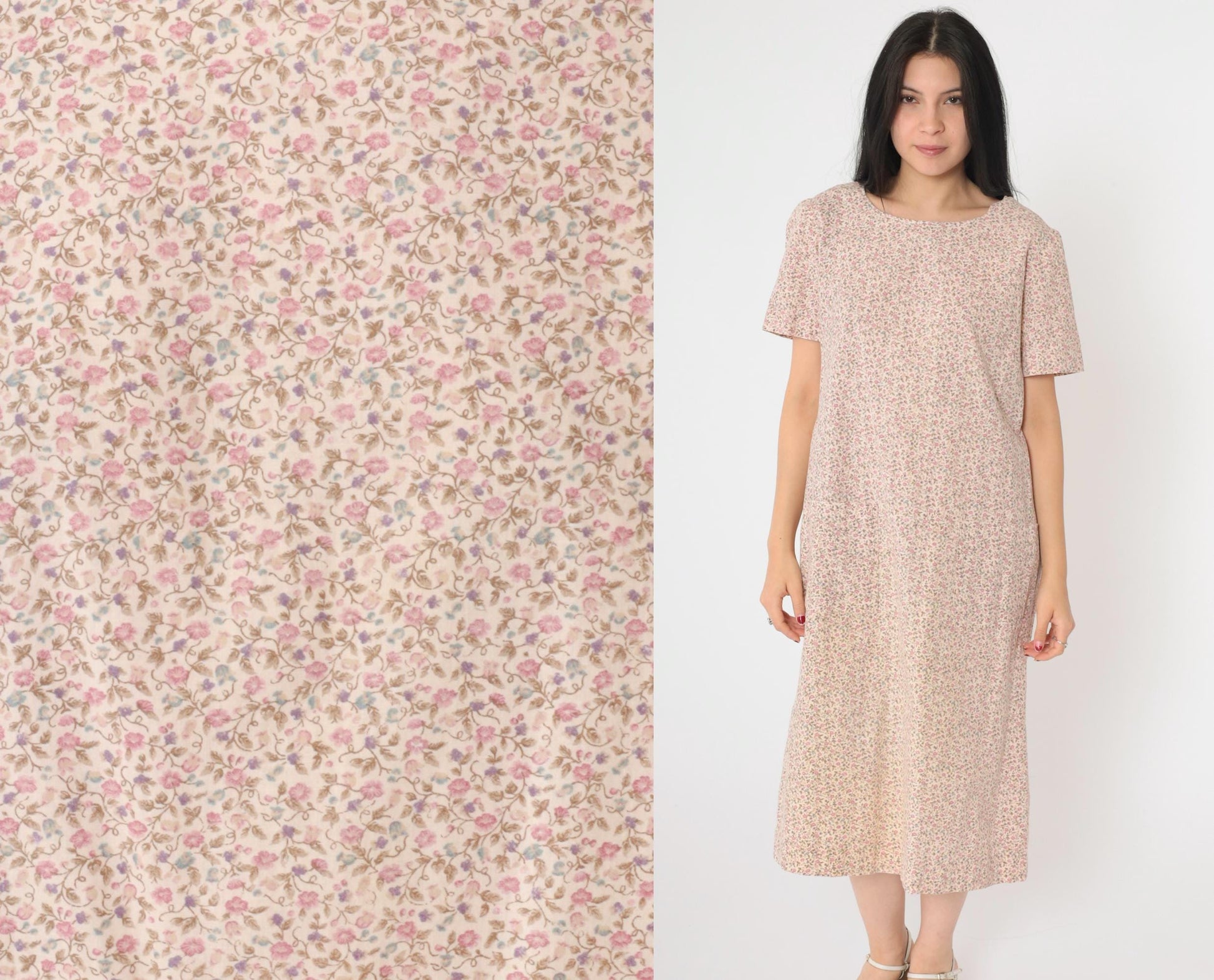 90s Floral Midi Shift Dress Off-White Pink Short Sleeve Pockets Medium