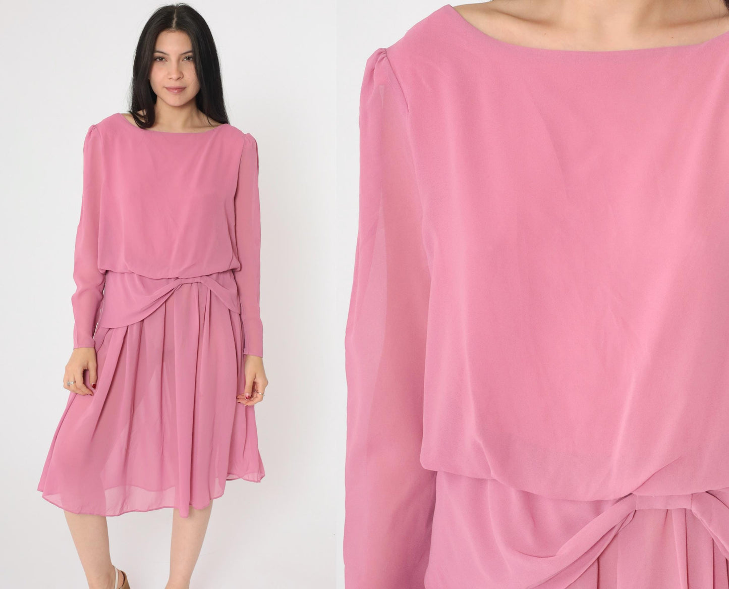 80s Pink Chiffon Midi Dress Puff Sleeve Peplum Waist Long Sleeve Small