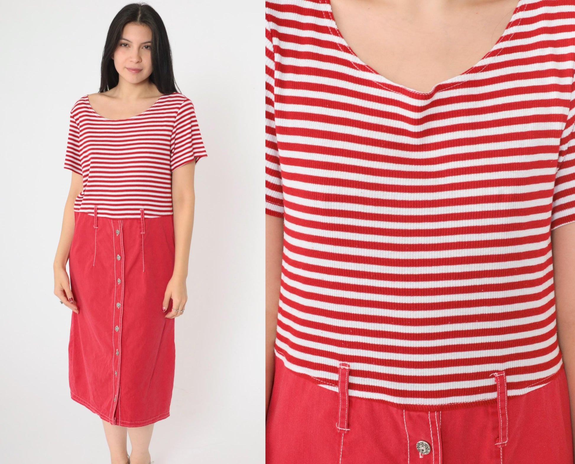 90s Red White Striped Button-Up Midi Dress High Waist Short Sleeve Medium