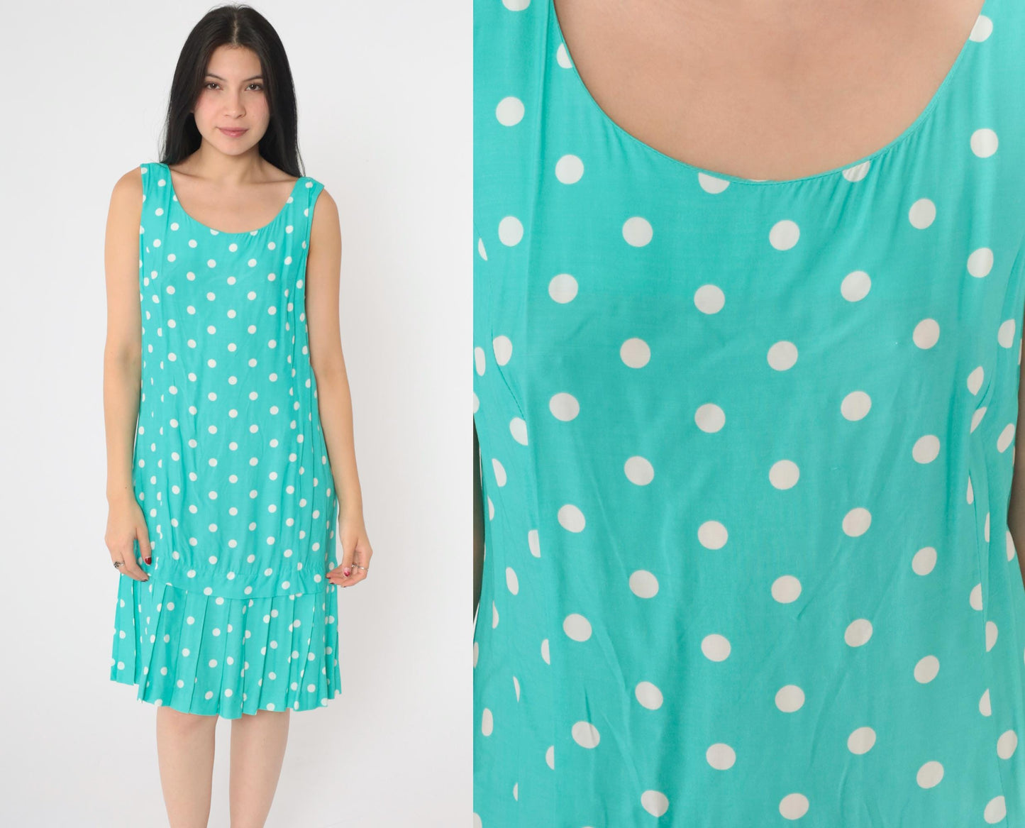 80s Jessica Howard Polka Dot Shift Dress Turquoise Sleeveless Knee Length Medium