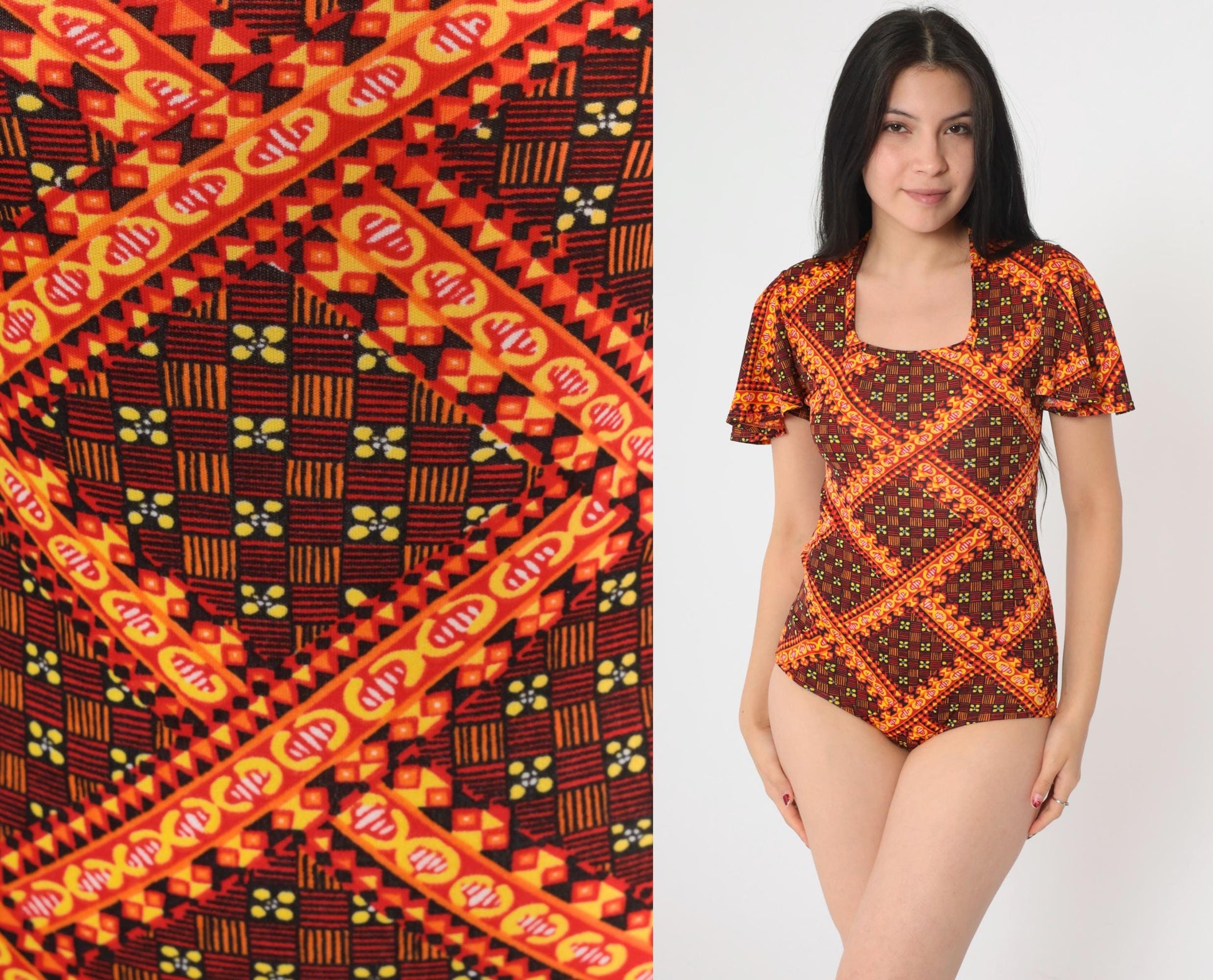 70s Danskin Floral Checkered Bodysuit Flutter Sleeve Square Neck Orange Small