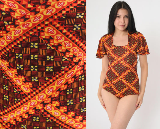70s Danskin Floral Checkered Bodysuit Flutter Sleeve Square Neck Orange Small