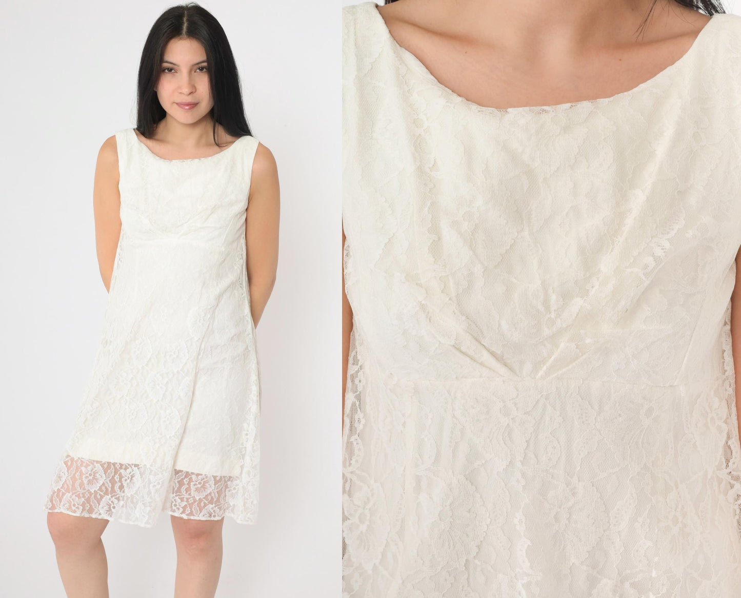 60s White Lace Empire Waist Mini Shift Dress Sleeveless Extra Small XS