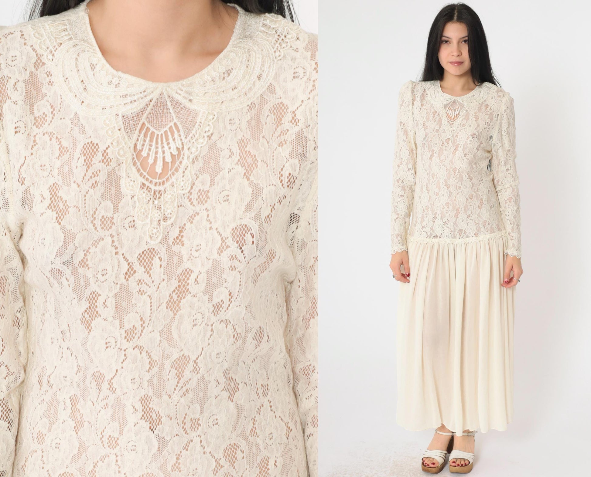 80s Ricki Lang Sheer Lace Maxi Dress Cream Puff Sleeve Drop Waist Medium
